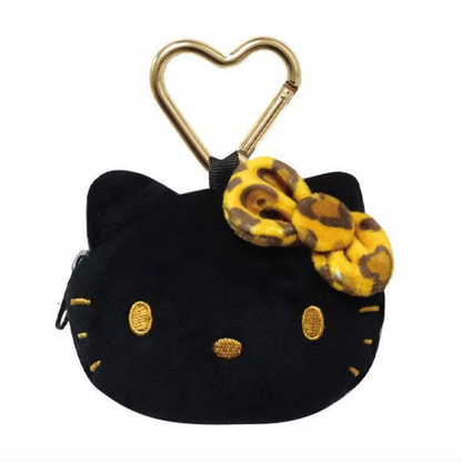 SANRIO | Hello Kitty Face-shaped mini Pouch with Carabiner Plush Keychain Bag Charm H75×W95×D30mm (Leopard Yellow Black)