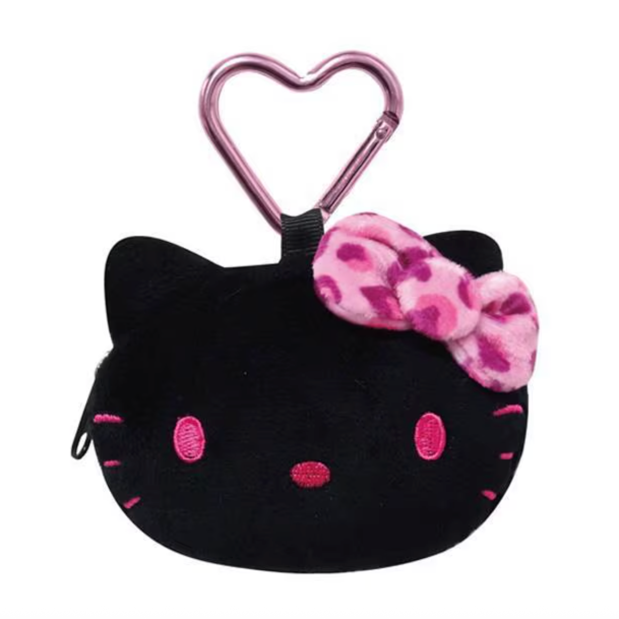 SANRIO | Hello Kitty Face-shaped mini Pouch with Carabiner Plush Keychain Bag Charm H75×W95×D30mm (Leopard Pink Black)