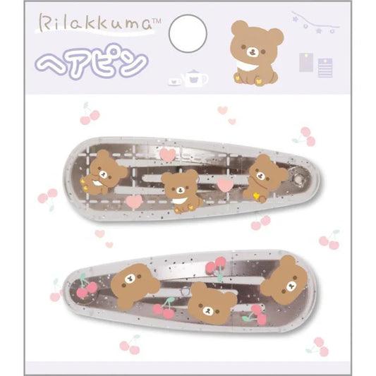 SAN-X | Rilakkuma Chairoikoguma Hair Clip HairPin Set of Two Clear Different Colors with Glitter 20 x 55 mm (Cherry