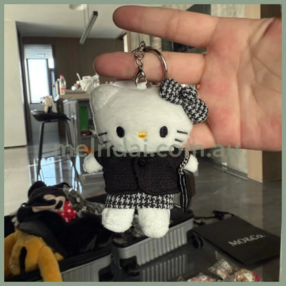 and St Me% x Sanrio Hello Kitty | Mini Mascot Holder Plush Keychain 13cm 6th Ver. (Houndstooth Black Chanel style)