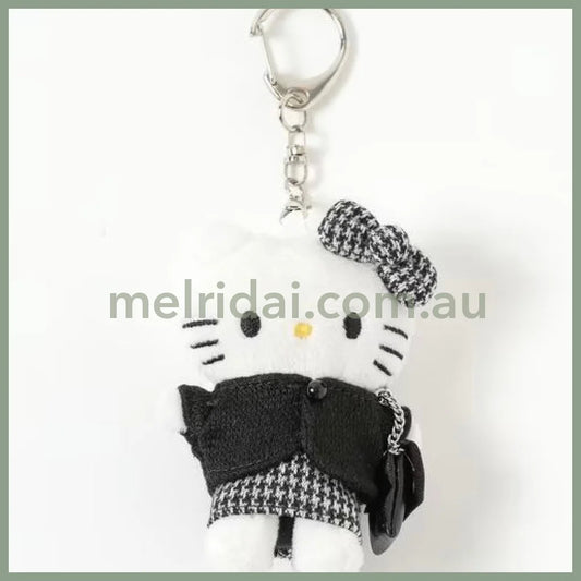 and St Me% x Sanrio Hello Kitty | Mini Mascot Holder Plush Keychain 13cm 6th Ver. (Houndstooth Black Chanel style)