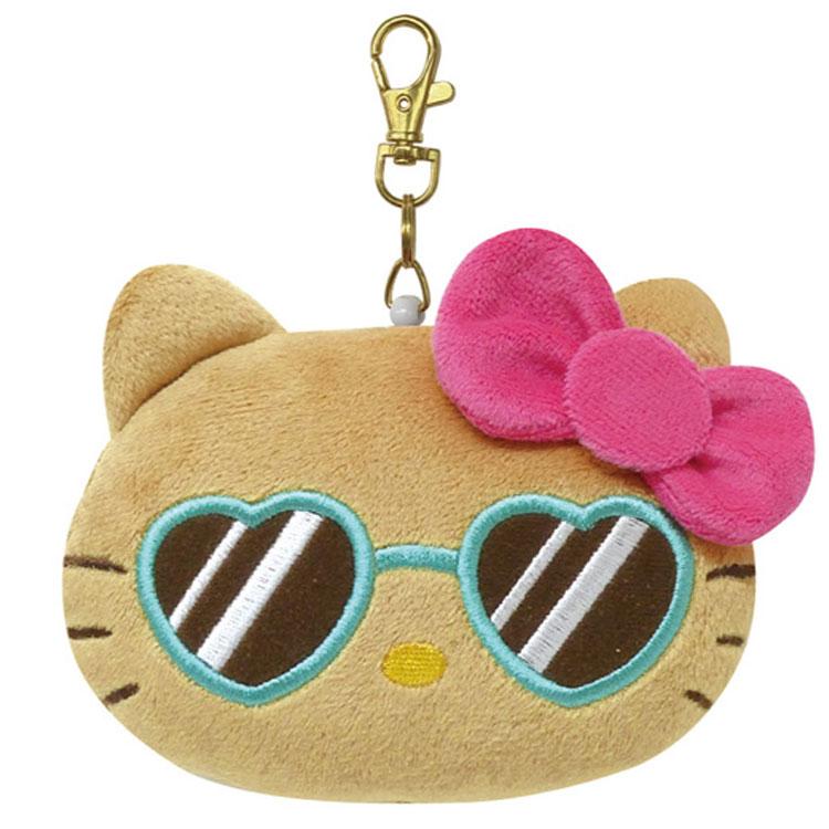 SANRIO | Hello Kitty Face-shaped Pass Case & Pouch Keychain 100×130×47mm (Tan Swimsuit Party Sunglasses)