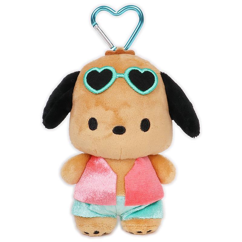 SANRIO | Pochacco Mini Plush Pouch with Carabiner Keychain Bag Charm 150mm Approx. (Tan Swimsuit Party)