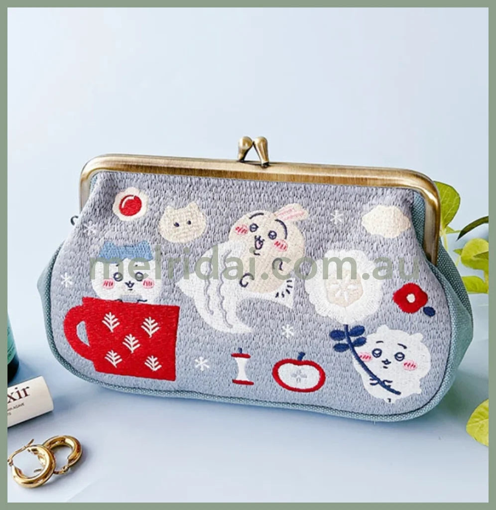 Chiikawa | Clasp Embroidery Multi Pouch 20Cm×14Cm×6Cm 吉伊卡哇 长款 刺绣多用口金包/零钱包/手拿包 Blue