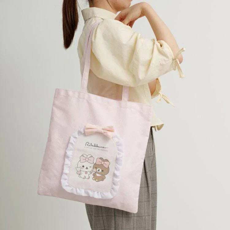 SAN-X | Chairoikoguma & Korilakkuma Tulle Ribbon Pink Tote Bag 375×360mm (Makeup Rilakkuma)