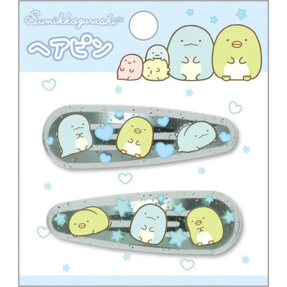 SAN-X | Sumikko Gurashi Penguin ? & Tokage Lizard Hair Clip HairPin Set of Two Clear Different Colors with Glitter 20 x