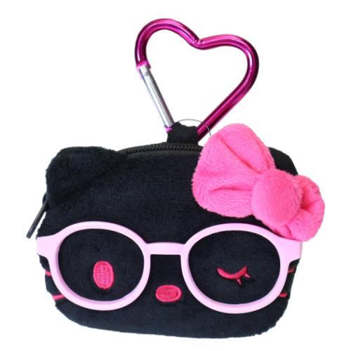 SANRIO | Hello Kitty Face-shaped Pouch with Carabiner Keychain 90×78×20mm (Black Pink Gal with Glasses)