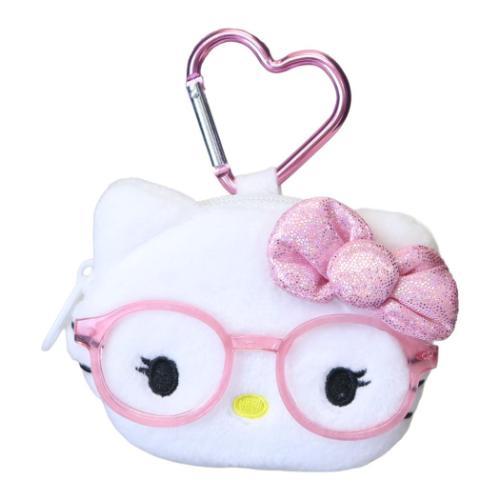 SANRIO | Hello Kitty Face-shaped Pouch with Carabiner Keychain 90×78×20mm (Glitter Pink Gal with Glasses)