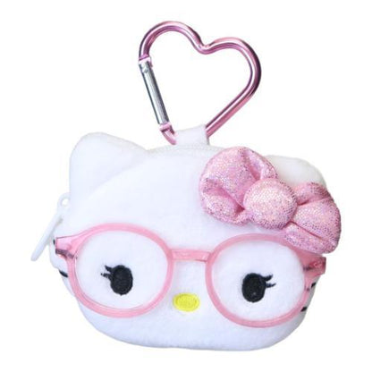 SANRIO | Hello Kitty Face-shaped Pouch with Carabiner Keychain 90×78×20mm (Glitter Pink Gal with Glasses)