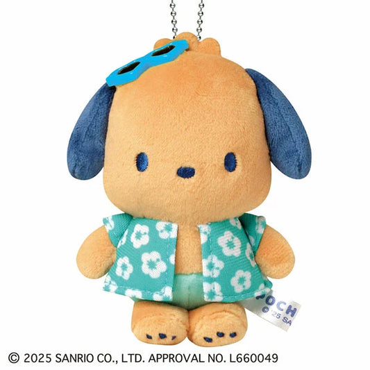 SNARIO | Pochacco Mascot Holder Bag Charm Keychain 105×100×50mm (Tan Swimsuit Party Sunglasses)