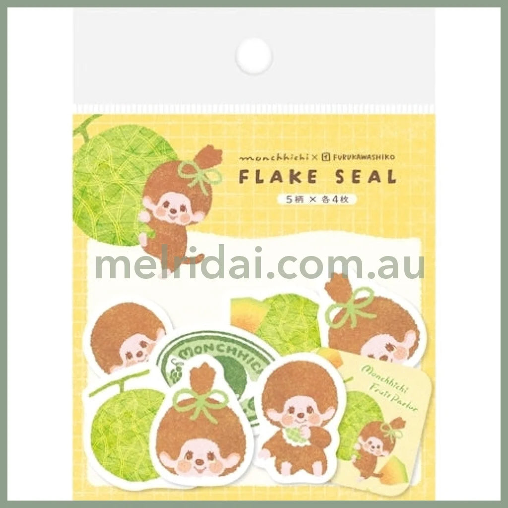 【Made in Japan】Monchhichi x Furukawashiko | Flake Seal Sticker 4 Types x 5 Each (Melon)