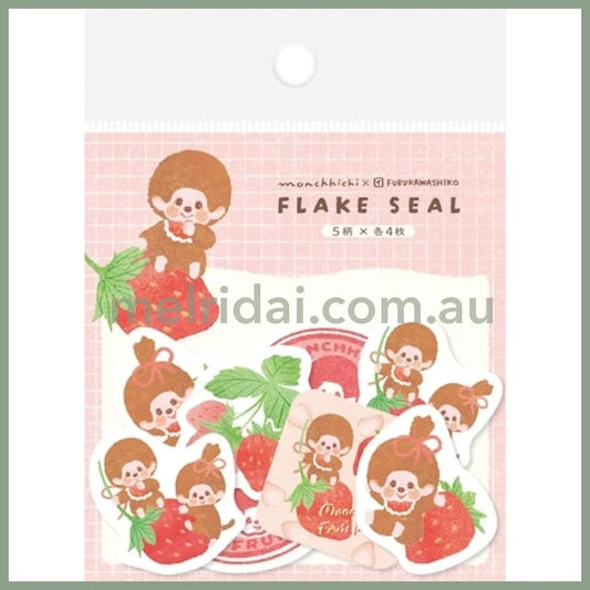 【Made in Japan】Monchhichi x Furukawashiko | Flake Seal Sticker 4 Types x 5 Each (Strawberry)