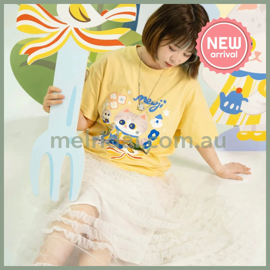 MEWJI♡ Cat & Flowers Tee T-shirt (Yellow)