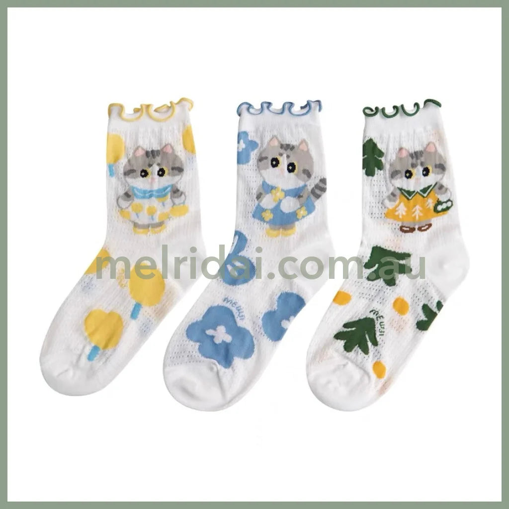 Mewji♡ Cat Socks Set 3 Pieces (Spring&Summer) Free Size 23-26Cm