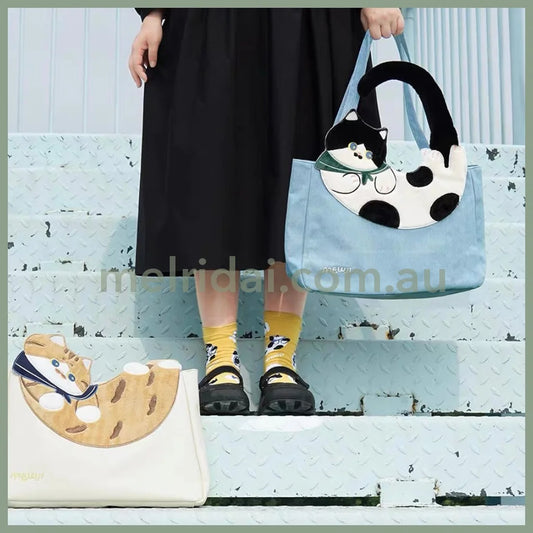Mewji♡ Cat Tail Tote Bag (Bl) 妙吉猫 日系猫咪 黑白奶牛猫大尾巴单肩包/托特包