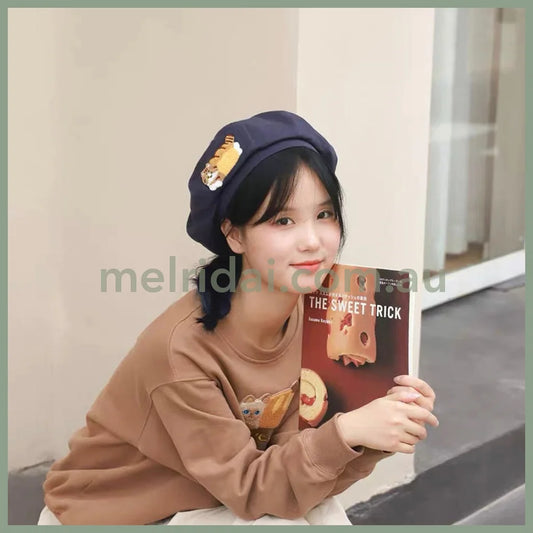 Mewji♡ Embroidered Beret M (56-58Cm) 妙吉猫 日系刺绣贝雷帽/画家八角帽 Navy