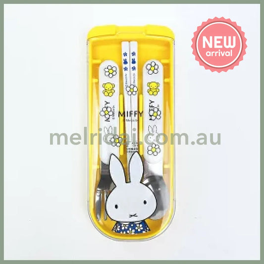 MIFFY | Bento Lunch Cutlery Set Spoon Fork Chopstick 187×77×18mm (Flower Blue Dress Yellow White)