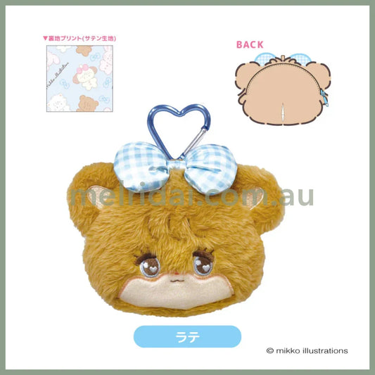 Mikko Illustrations | Mofumofu Face-shaped Pouch with Carabiner Keychain H160xW170xD60mm (Latte Ribbon)