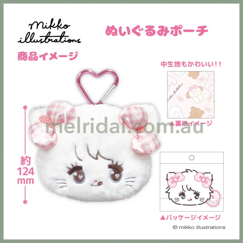 Mikko Illustrations | Mofumofu Face-shaped Pouch with Carabiner Keychain H160xW170xD60mm (Mousse Ribbon)