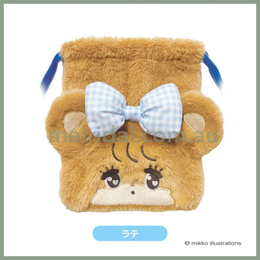 Mikko Illustrations | Mofumofu Fluffy Drawstring Bag Pouch H200xW230xD50mm (Latte Ribbon)