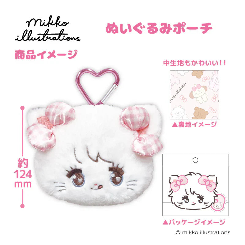 Mikko Illustrations | Mofumofu Face-shaped Pouch with Carabiner Keychain H160xW170xD60mm (Mousse Ribbon)