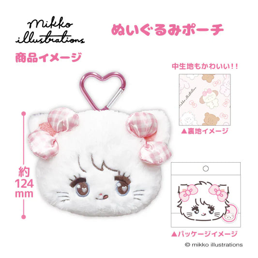 Mikko Illustrations | Mofumofu Face-shaped Pouch with Carabiner Keychain H160xW170xD60mm (Mousse Ribbon)