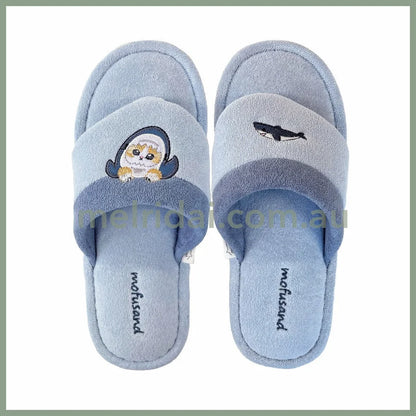 Mofusand | Beach Sandal Slippers 24Cm (Blue) 猫福 毛巾绒人字拖/家居室内拖鞋