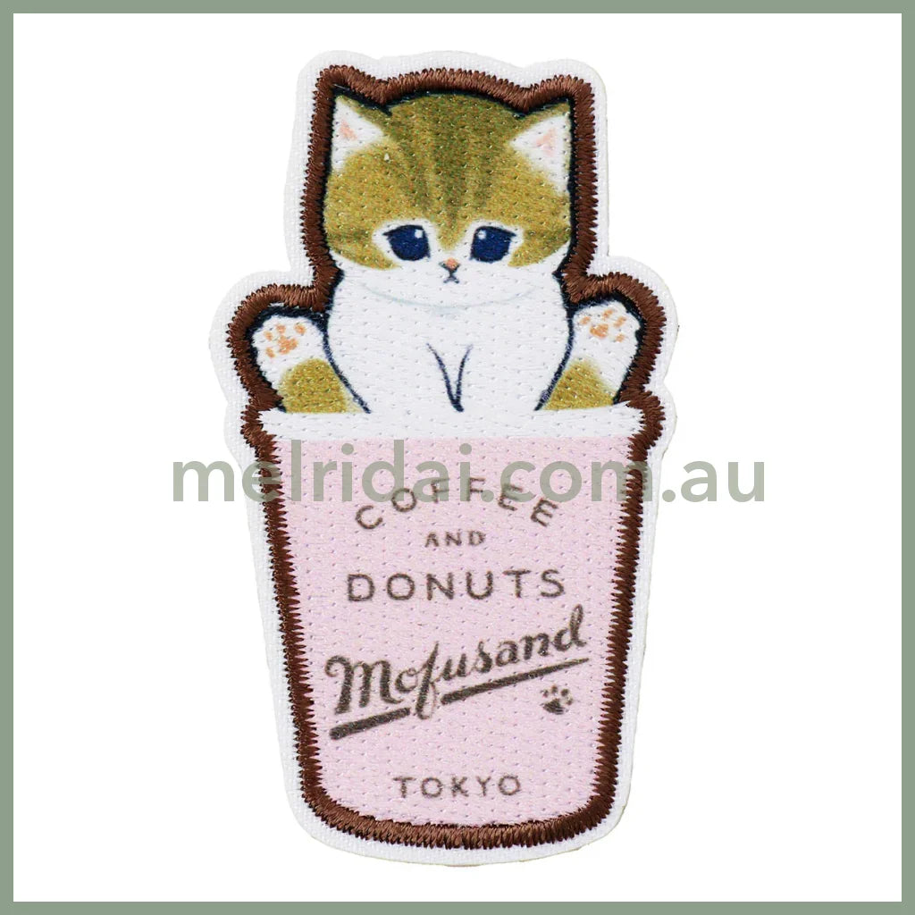MOFUSAND | Cat Takeout Cup Pink Versatile Iron-On and Sticker Patch 65×35mm (Coffee And Donuts)