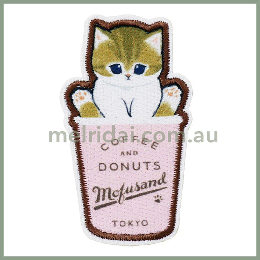 MOFUSAND | Cat Takeout Cup Pink Versatile Iron-On and Sticker Patch 65×35mm (Coffee And Donuts)