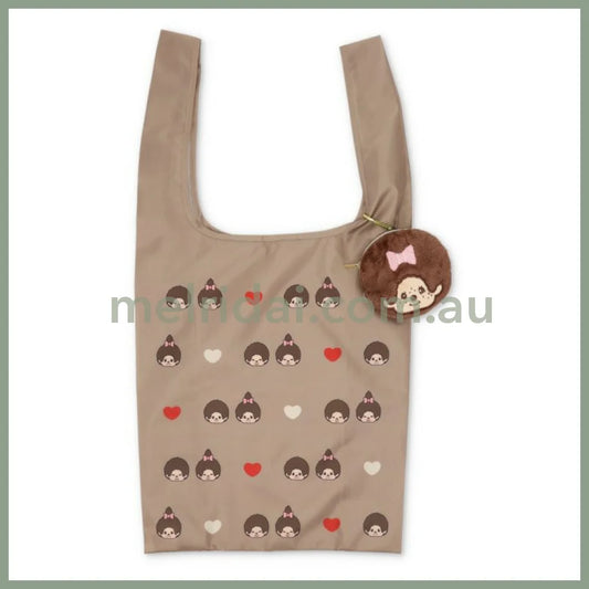 Monchhichi | Foldable Eco Shopping Bag 310×380×130mm & Mascot Pouch 110×110mm (Brown Love - Girl)