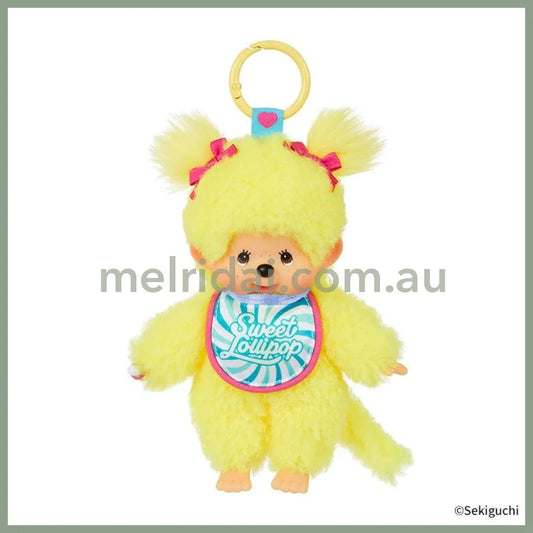 Monchhichi | Girl Mascot Holder Plush Keychain Bag Charm H16×W8.5×D5.5cm (Sweet Lollipop - Yellow)