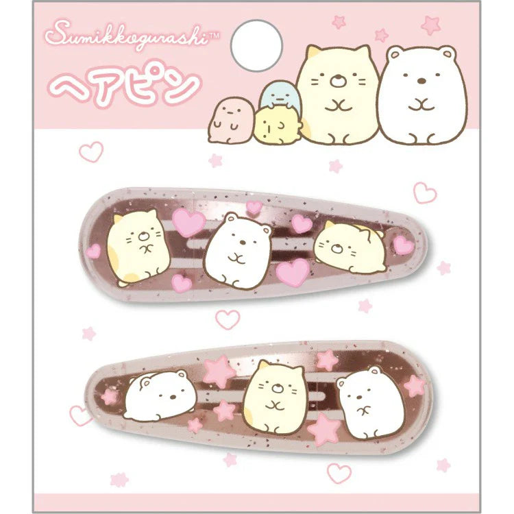 SAN-X | Sumikko Gurashi ShiroKuma & Neko Hair Clip HairPin Set of Two Clear Different Colors with Glitter 20 x 55 mm