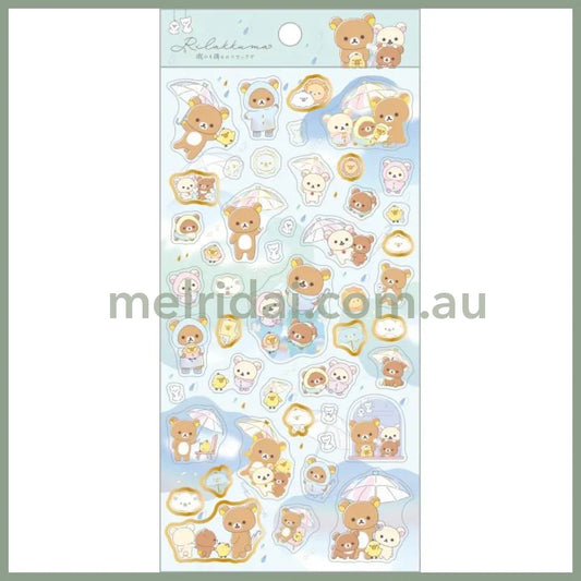 SAN-X | Rilakkuma Gold Foil Clear Seal Sticker 200×95mm (Umbrella Rain then Sunny)