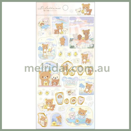 SAN-X | Rilakkuma Gold Foil Clear Seal Sticker 200×95mm (Umbrella Rain then Sunny)