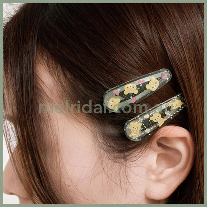 SAN-X | Rilakkuma Hair Clip HairPin Set of Two Clear Different Colors with Glitter 20 x 55 mm (Cherry Heart)