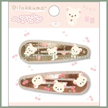 SAN-X | Rilakkuma Korilakkuma Hair Clip HairPin Set of Two Clear Different Colors with Glitter 20 x 55 mm (Cherry Heart)