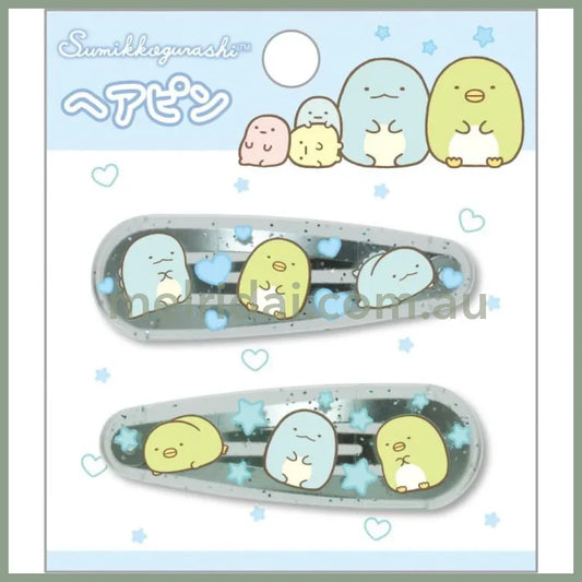 SAN-X | Sumikko Gurashi Penguin ? & Tokage Lizard Hair Clip HairPin Set of Two Clear Different Colors with Glitter 20 x