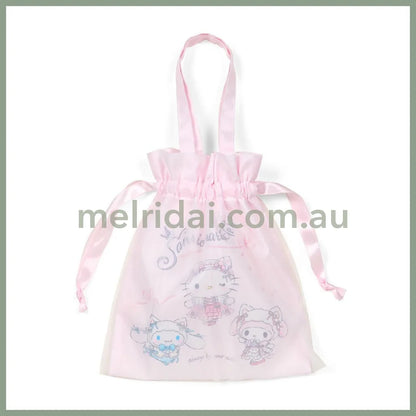 SANRIO | Drawstring Bag with Handle Cinnamoroll & Hello Kitty & My Melody 21 x 0.5 x 24cm (White Cat Ballerina)
