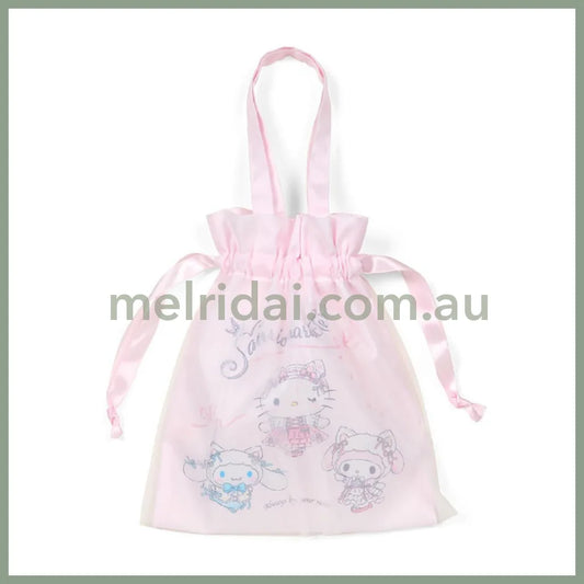 SANRIO | Drawstring Bag with Handle Cinnamoroll & Hello Kitty & My Melody 21 x 0.5 x 24cm (White Cat Ballerina)