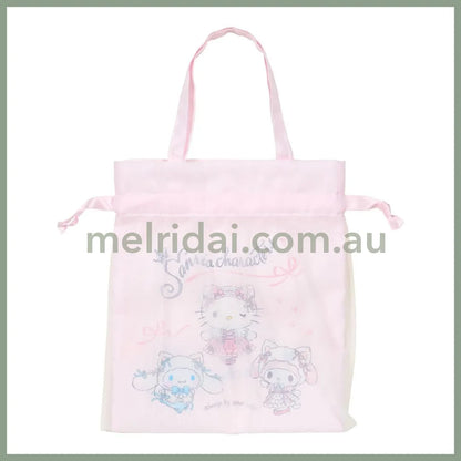 SANRIO | Drawstring Bag with Handle Cinnamoroll & Hello Kitty & My Melody 21 x 0.5 x 24cm (White Cat Ballerina)