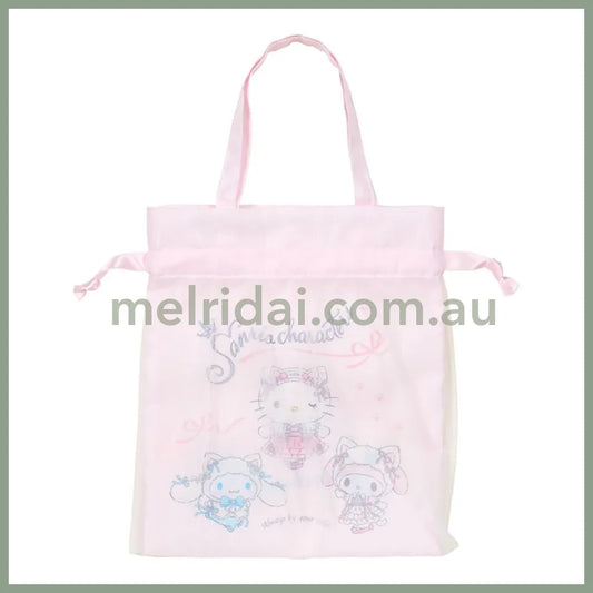 SANRIO | Drawstring Bag with Handle Cinnamoroll & Hello Kitty & My Melody 21 x 0.5 x 24cm (White Cat Ballerina)