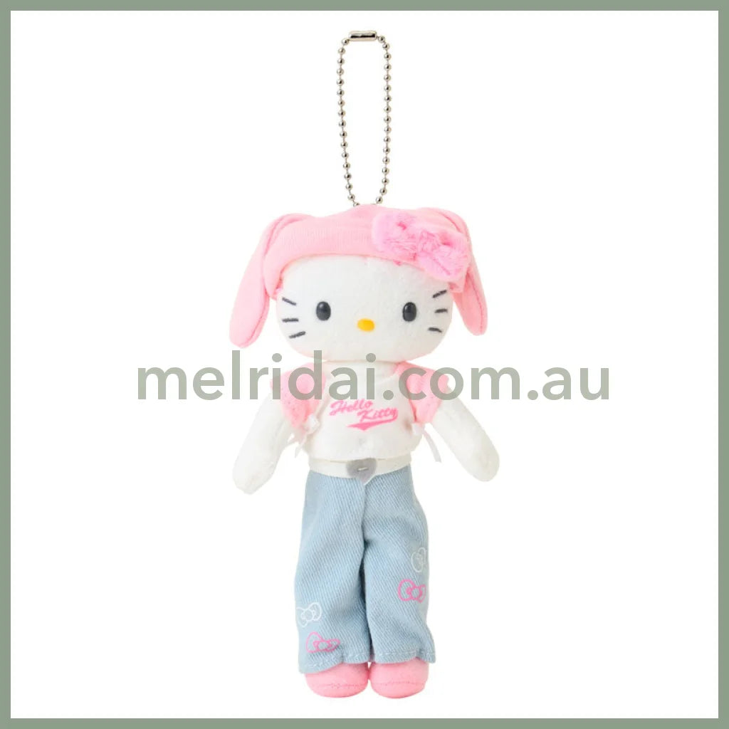 SANRIO | Hello Kitty Casual Style Bunny Ear Knit Hat Mascot Holder Bag Charm Plush Keychain 80×35×150mm (Sanrio Closet