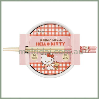 SANRIO | Hello Kitty Ceramic Bowl 600ml and Bamboo chopsticks Set 21cm (Bowl - Dishwasher Safe)