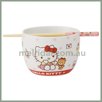 SANRIO | Hello Kitty Ceramic Bowl 600ml and Bamboo chopsticks Set 21cm (Bowl - Dishwasher Safe)