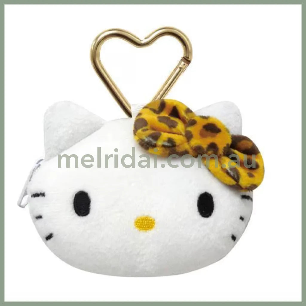 SANRIO | Hello Kitty Face-shaped mini Pouch with Carabiner Plush Keychain Bag Charm H75×W95×D30mm (Leopard Brown)