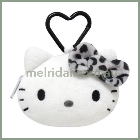 SANRIO | Hello Kitty Face-shaped mini Pouch with Carabiner Plush Keychain Bag Charm H75×W95×D30mm (Leopard Grey)