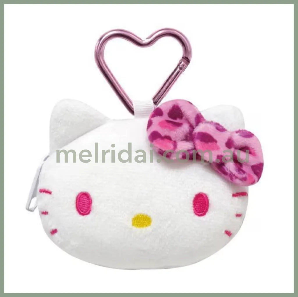 SANRIO | Hello Kitty Face-shaped mini Pouch with Carabiner Plush Keychain Bag Charm H75×W95×D30mm (Leopard Pink)