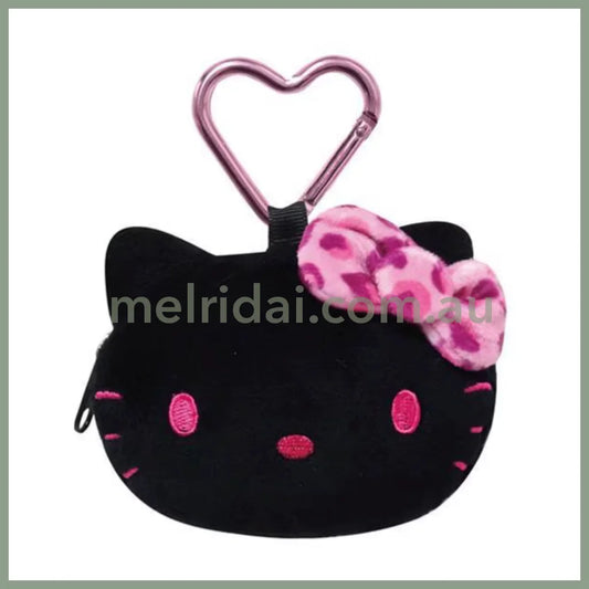 SANRIO | Hello Kitty Face-shaped mini Pouch with Carabiner Plush Keychain Bag Charm H75×W95×D30mm (Leopard Pink Black)