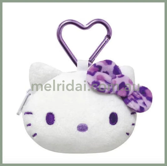 SANRIO | Hello Kitty Face-shaped mini Pouch with Carabiner Plush Keychain Bag Charm H75×W95×D30mm (Leopard Purple)