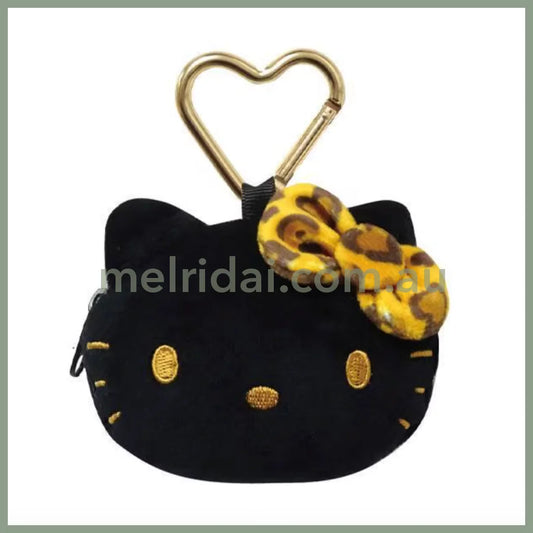 SANRIO | Hello Kitty Face-shaped mini Pouch with Carabiner Plush Keychain Bag Charm H75×W95×D30mm (Leopard Yellow Black)